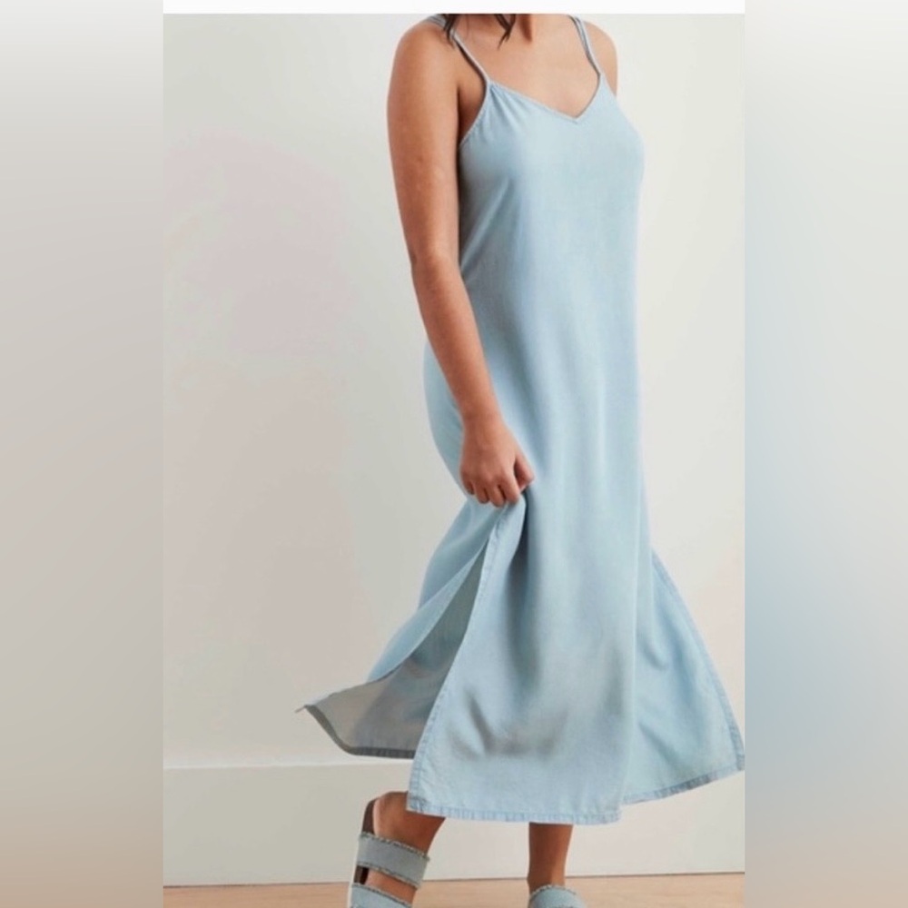 Aerie Women's Chambray Spaghetti Straps Midi Slip Dress Side Slits - Picture 7 of 7
